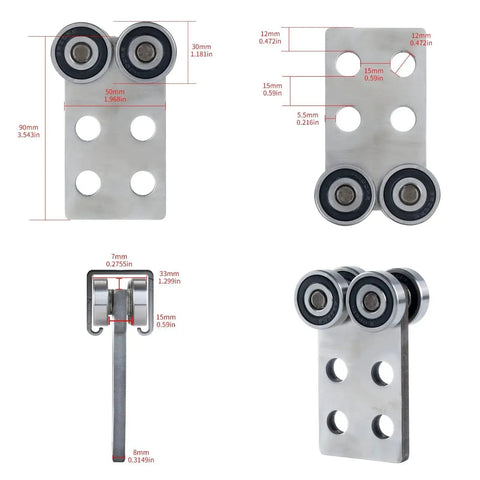 Four Wheel Hoist Roller Trolley Assembly With Bearing For Strut Channel, side view showing dimensions and bearings