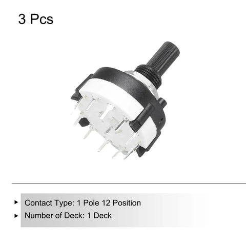 1 Pole 12 Position Rotary Switch Band Selector 1 Deck Pack Of 3 for TV, Radio, and Home Projects, black knob, silver contacts