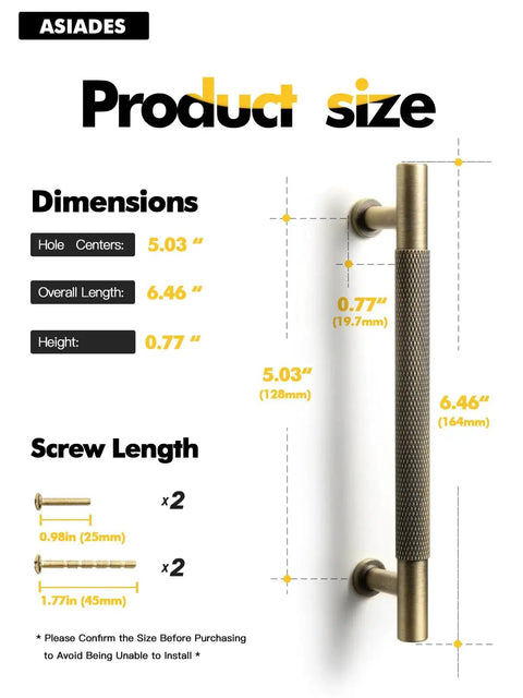 Dimensions of Antique Brass Knurled Cabinet Pulls 5 Inch Center To Center Solid Brass Dresser Drawer Handles shown with measurements.