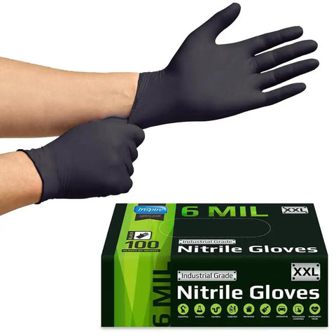 Black Nitrile Gloves Heavy-Duty 6 Mil Chemical Resistant Disposable Cleaning shown worn by hand next to product box.