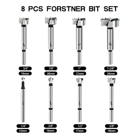 Pro Grade Forstner Bit Set 8pc For Woodworking And DIY Projects, carbide bits with round shank, various sizes displayed