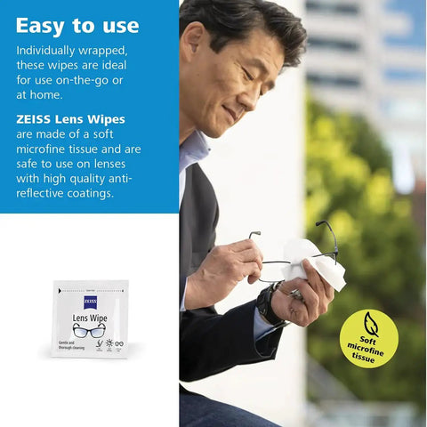 Person using ZEISS Pre-Moistened Lens Cleaning Wipes 200 Count For Glasses And Sunglasses outdoors