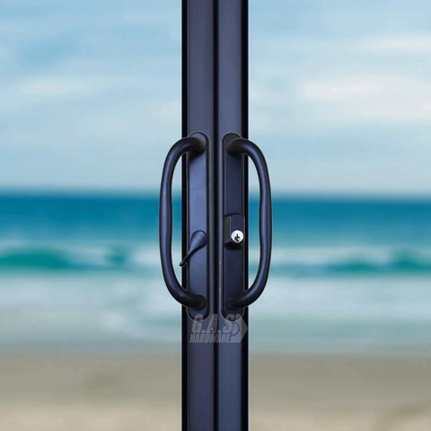 Sliding Glass Patio Door Offset Pull Handle Set With Keys Replacement For 3 15/16 Inch Hole Spacing And 1 1/4 To 2 1/4 Inch Door Thickness, 10 Inch Escutcheon Plate, Four Hole Patterns, Black Finish front view.
