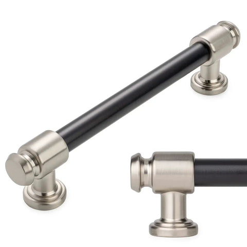 Close-up of 10 Pack 5 Inch Black And Nickel Cabinet Pulls Matte Black And Brushed Nickel Cabinet Handles for kitchen and bathroom.