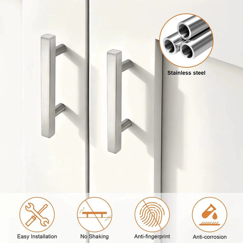 Pack of 10 Satin Nickel Stainless Steel Cabinet Handles with 76mm Hole Centers installed on white kitchen cabinets