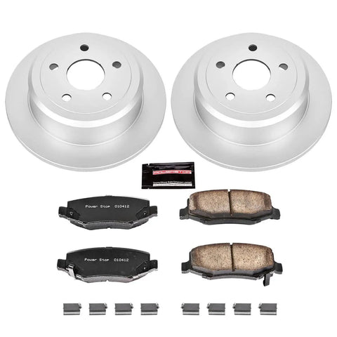 Front view of PowerStop rear brake kit for Jeep Wrangler JK: two coated rotors, ceramic pads, lubricant, and hardware.