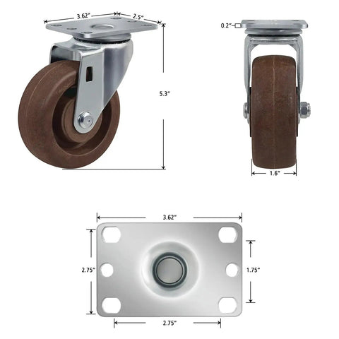 Heavy Duty Swivel Caster Wheels 4 Inch By 1.5 Inch Set Of 4 With 2800 Lb Capacity For Ovens Kilns And Dryers Hi Temp Wheels 570F Rating Minus 40F To 525F For Heavy Equipment By HANDSAMMU, detailed dimensions and side views.