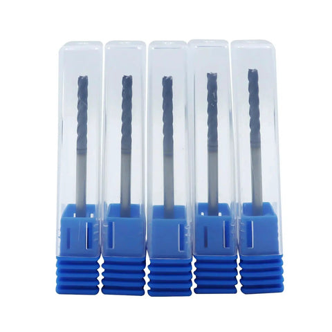 Five Pack One Eighth Inch Solid Carbide Long End Mills, Four Flute, Thirty Degree Helix, AlTiN Coated in plastic cases