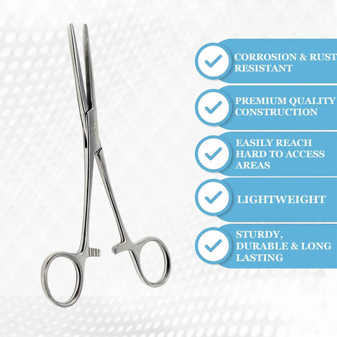 Straight 6.25-inch stainless steel hemostat forceps with locking ratchet for surgical use