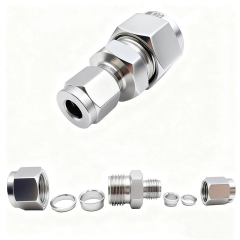 Lophtnix 304 stainless steel compression tube fitting; reducing union 1/4 in to 3/8 in OD with double ferrule, straight adapter, 2-pack
