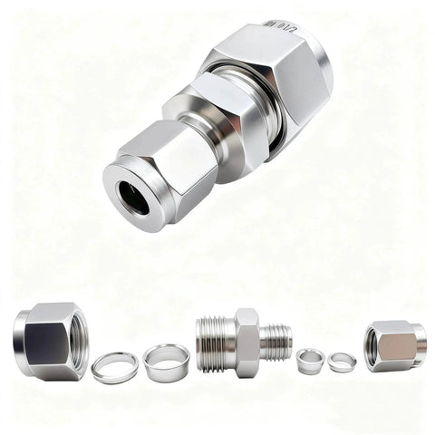 304 Stainless Steel Compression Tube Fitting Reducing Union With Double Ferrule Two Piece Straight Adapter One Quarter Inch OD By Three Eighths Inch OD For Fuel Oil Air And Some Corrosive Liquids, close-up and disassembled view showing components.