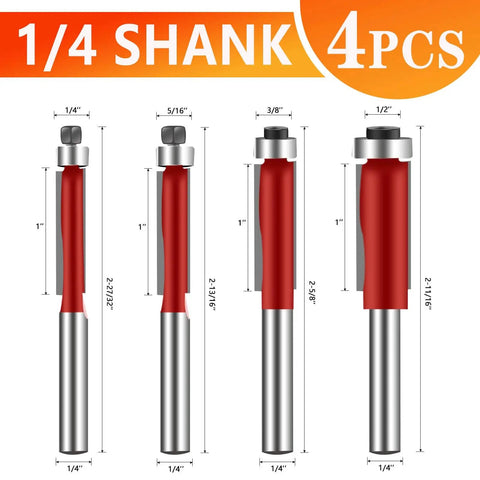 Set of 4 red router bits with 1/4 inch shank, various sizes, for woodworking precision routing.