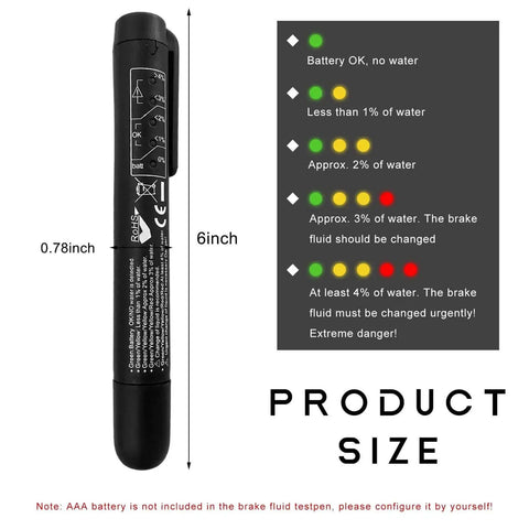Brake Fluid Tester Pen DOT 3 DOT 4 DOT 5.1 Diagnostic Tool With 5 LED Indicators showing color-coded moisture levels, product size 6x0.78 inches.