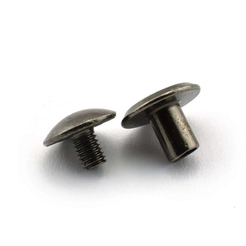 15 Sets Chicago Screws For Book Binding And Leather Craft Round Slotted Head Binding Bolts Dope Quality Carbon Steel Nickel Plated Black Finish 4 By 6mm One Quarter Inch Length DIY Rivet Style Fasteners For Projects shown front and side.