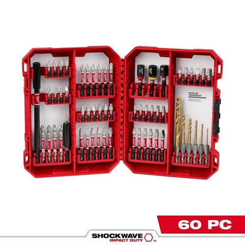 Open case of Shockwave Bit And Drill Bit Kit With 60 Pieces For Impact Drivers And Drills Delivering Long Lasting Performance And Up To 50 Times Longer Life For Hardcore Jobs By Milwaukee 48 32 4097, showing assorted bits.