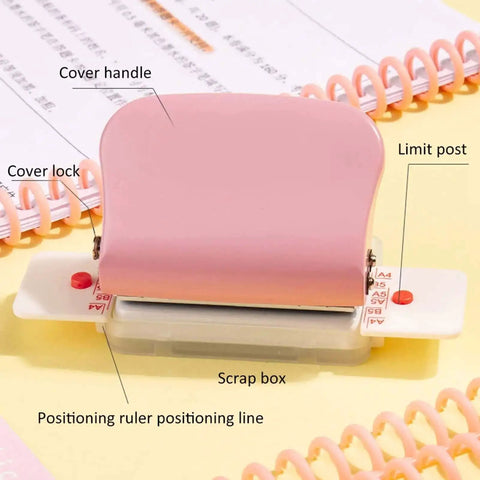 Pink Six Hole Punch For Loose Leaf Paper A4 A5 B5 Portable Handheld Metal Circle Puncher showing cover and alignment features
