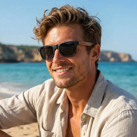 Man wearing Walnut Wood Polarized Sunnies With Matte Finish Frame And Wooden Temples For Men And Women on a beach