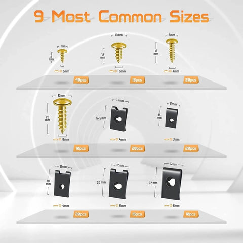 Image showing different size U-clips and screws from the 170 Piece Car U Clip And Screw Kit With 10 Sizes For Dash Panels Door Trim Bumpers And Interiors Pro Grade Heavy Duty Automotive U Nut Clip Set By OTUAYAUTO Heat Treated Steel.