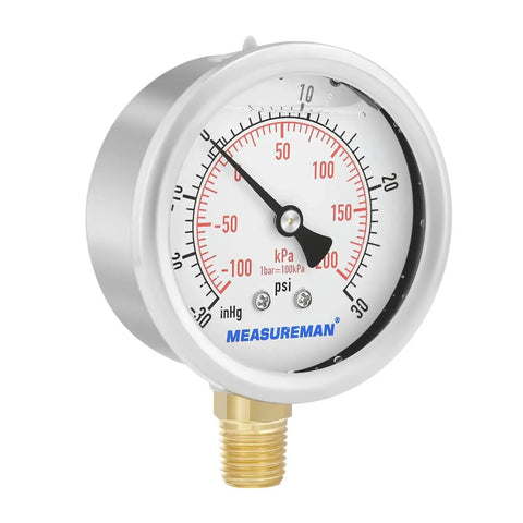 Glycerin-Filled 2-1/2 Inch Dial Pressure Gauge Built Tough With Stainless Steel Case And Brass Inside, 1/4 Inch NPT Lower Mount