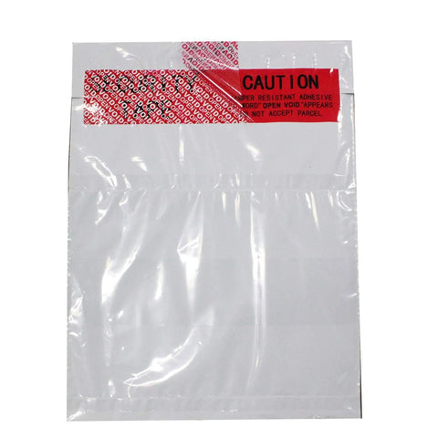 TamperSeals Group tamper-evident packing tape on a white padded mailer; red void film label at top