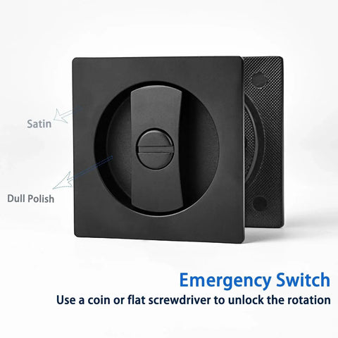 Pocket Door Privacy Lock 2 Pack With Flush Handles And Recessed Knob 2 3 8 Backset Fits 1 3 8 To 2 3 16 Door Thickness Left Or Right Handed Matte Black Square Edge Pull Included For Bed And Bath Privacy showing matte black emergency switch.
