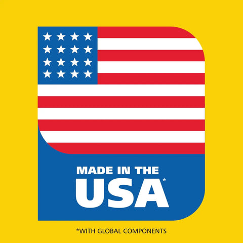 "Made in the USA with global components label featuring American flag design."