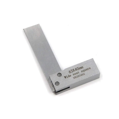 Precision Steel Machinist Square For Accurate Right Angle Measurements In Woodworking And Metalworking T Tulead 63x40mm made from high quality 45 steel with bright scratch resistant surface thick base for stability and long lasting use, showing its L-shaped design with engraved details.