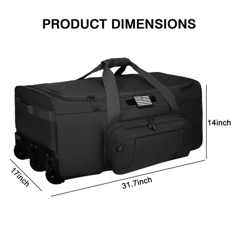 Rugged 120L Rolling Duffle Bag With Wheels For Travel And Camping, showing dimensions and three-wheel system for smooth terrain rolling