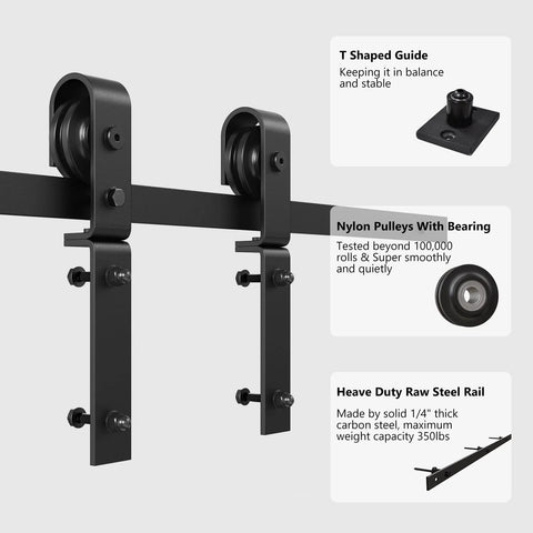 2.5Ft Bi Folding Sliding Barn Door Hardware Track Kit For Two Doors, Black Roller Kit With J Shape Track, close-up of rollers and rail