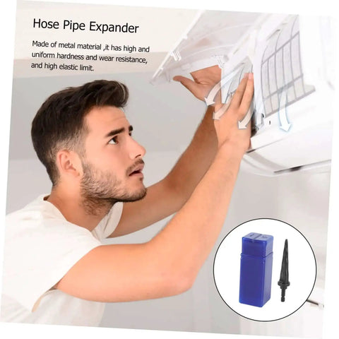 Man using electric tube expander with hexagonal handle for HVAC copper pipes, high temperature resistance and durable metal construction.