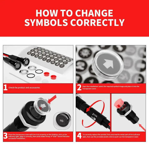 Instructions for 180 Changeable Symbols LED Indicator Light 12V-24V IP67 Waterproof installation, focusing on symbol replacement.