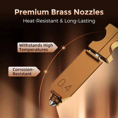 Close-up of AD5X 3D Printer Nozzle Kit brass nozzle, highlighting heat resistance and corrosion resistance, marked 0.4mm.