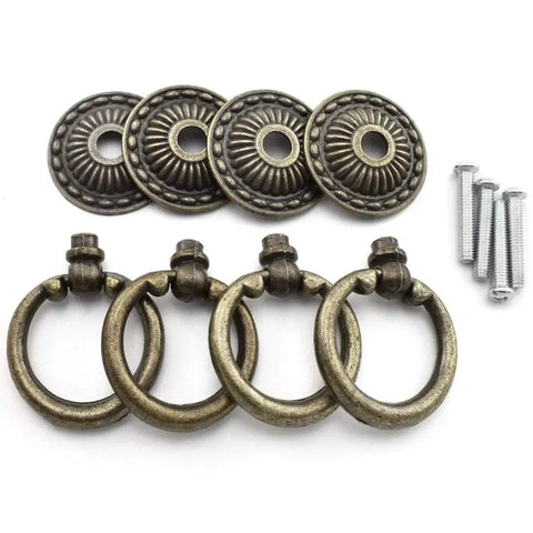 Antique Bronze Ring Knob Pull Handles 4 pack with matching screws for drawers cabinets dressers cupboards and jewelry boxes