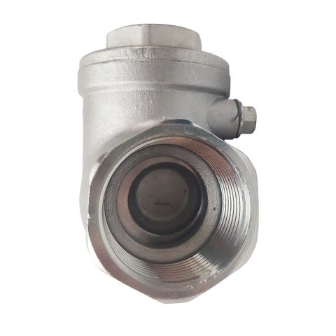 1-inch NPT swing check valve, female threaded, stainless steel body with visible disc