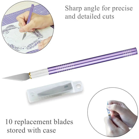 Purple craft knife with sharp angle cutting tip, 10 replacement blades case, part of All In One 45mm Rotary Cutter Set With 5 Extra Blades