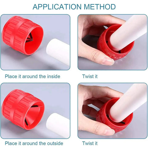 Two Pack Red Inner Outer Reamer For Pipe And Tube Deburring Chamfer Tool With Tough Plastic Body And Hardened Alloy Blade in use