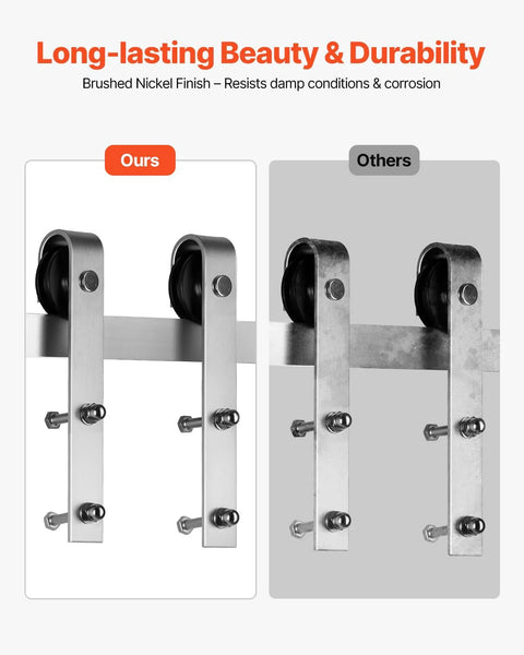 Comparison of brushed nickel sliding barn door hardware kits with two side-by-side views, highlighting durability and design.