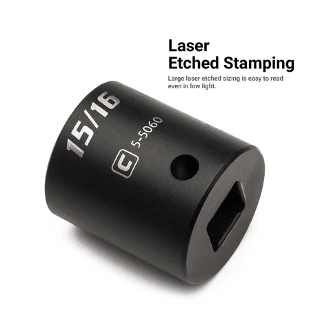 Close-up of a laser-etched shallow impact socket from the Three Eighths Inch Drive Shallow And Deep Impact Socket Set In Metric Sizes 8 To 22 Mm Premium Chrome Molybdenum Steel 30 Piece Heavy Duty Kit For Power Tools.