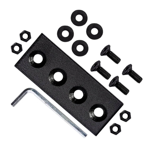 Black Metal Track Connection Plate For Sliding Barn Door Track Fixing Connector, screws, washers, and hex key