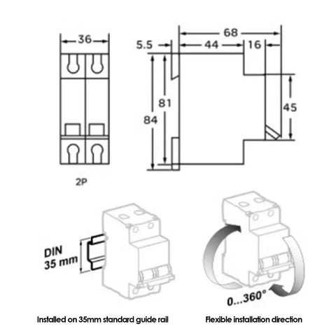 Two Pole 250V DC Miniature Circuit Breaker For Solar PV And Grid Systems DIN Rail Mount Quick Trip DC Breaker 63A installation diagram