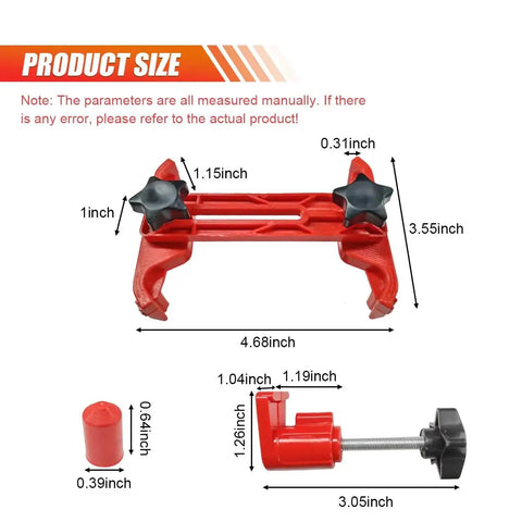 Automotive camshaft locking tool kit, red frame with black star knobs, three-piece set (front view)