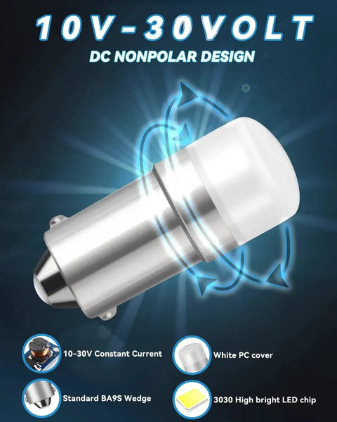 Illustration of BA9S LED Bulbs 10 Pack Mega Bundle 10 To 30V Warm White with highlighted DC nonpolar design and specifications.