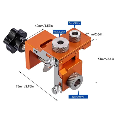 Double Hole Positioning Locator Drill Guide Jig With Adjustable Clamping for precise hole spacing, shown with dimensions.