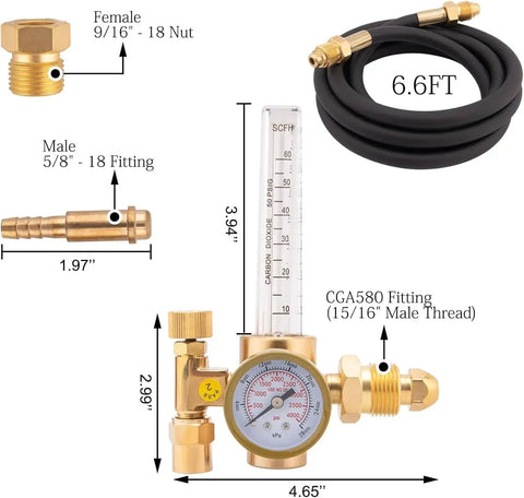 Argon and CO2 Gas Regulator for MIG Welder with 6.6 Foot Hose, detailed view with fittings, brass body, CGA 580 inlet, flow meter