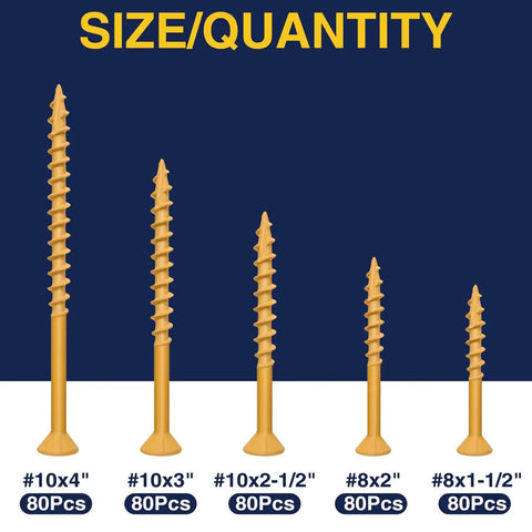 Exterior Wood Screws Kit With Four Hundred Pieces In Five Sizes For Decks And Fences Includes Size Eight And Size Ten Screws From One And One Half Inches To Four Inches Rust Resistant Tan Epoxy Coated With Star Drive Bits T20 And T25 For Woodworking, showing size and quantity.