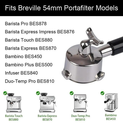 54mm chrome double-spout portafilter with black ABS handle, front view for Breville Bambino Plus and Infuser