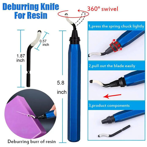 Deburring knife tool showing 360-degree swivel blade use for resin. Image includes size measurements and usage instructions.