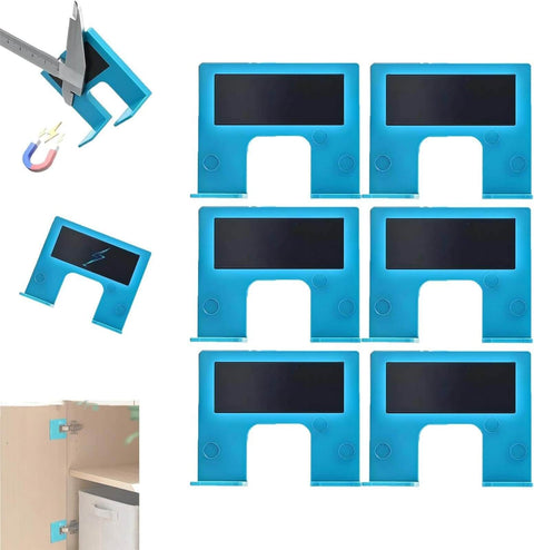 Door Jamb Hinge Jig The Easy Hinge Mate Adjustable Door Installation Tool For Fast Hands Free Hinge And Cabinet Installations With Magnetic Positioning System Eliminating Clamps And Slippage, showing blue magnetic jigs and application examples.