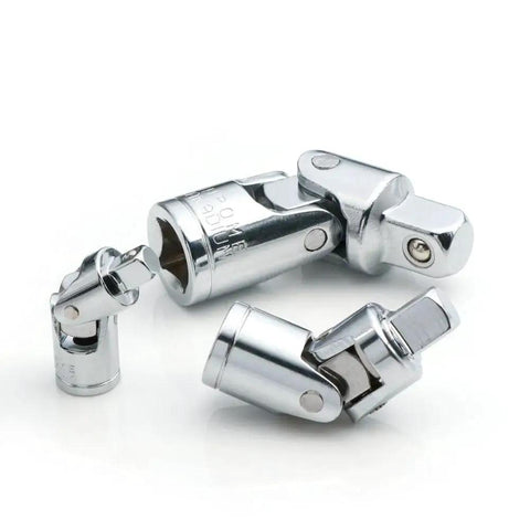 Three-piece universal joint set in chrome vanadium steel for 1/4", 3/8", and 1/2" ratchet drives