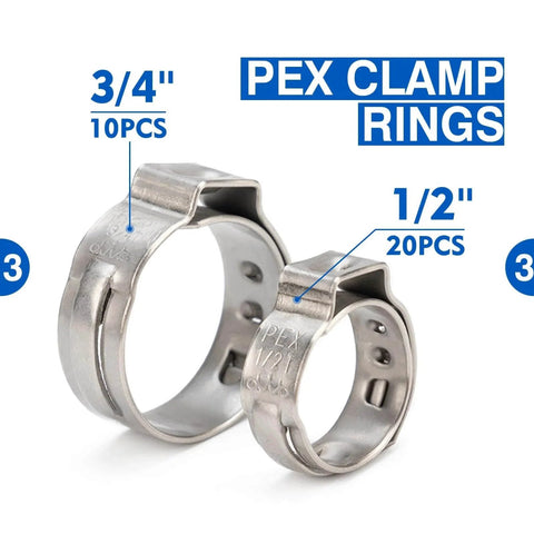1/2 inch and 3/4 inch PEX clamp rings, 20 pieces and 10 pieces respectively, for PEX Clamp Tool Kit for 3/8 Inch, 1/2 Inch, 3/4 Inch and 1 Inch cinch and removal.